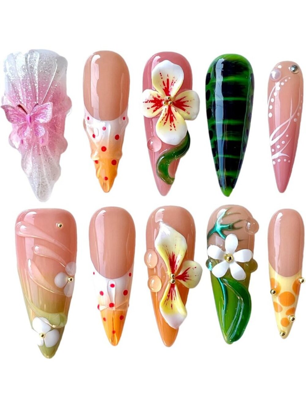 3D Floral Acrylic Press-On Nails | Handmade Tendril Design | Stylish Nail Art
